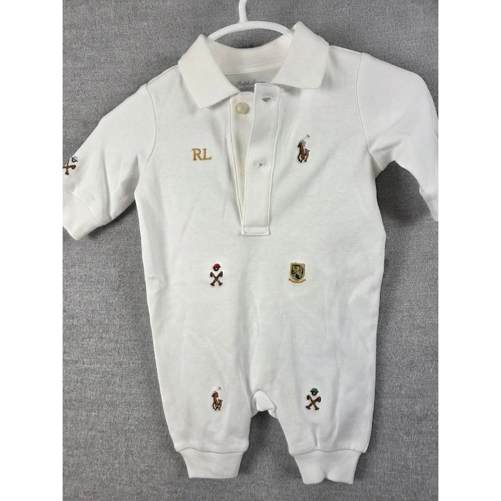 Ralph Lauren Newborn One Piece Sleeper Embroidered Ponies RL Logo White Crest